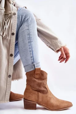 Botki Wiosenne|Botki Na Słupku>Boto Zamszowe Ażurowe Botki Kowbojki Z Przeszyciem Camel Elvire