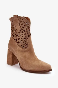 Botki Wiosenne|Botki Skórzane>Boto Zamszowe Ażurowe Botki Lewski Shoes 3264 Ciemnobeżowe