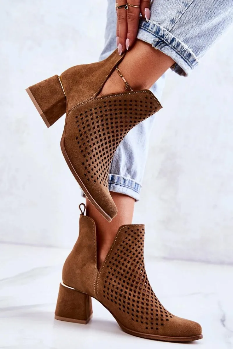 Sale Zamszowe Ażurowe Botki Lewski Shoes 3165 Camel Damskie Botki Wiosenne|Botki Na Słupku