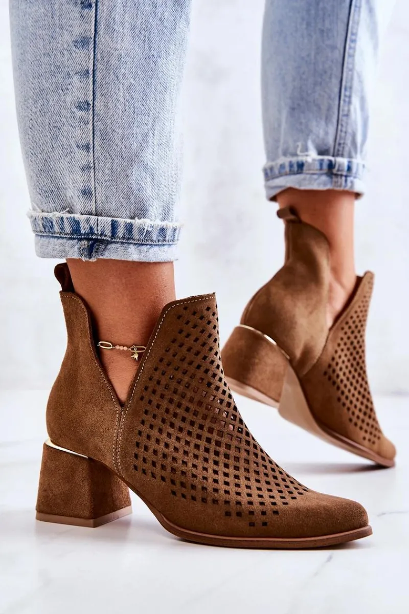 Sale Zamszowe Ażurowe Botki Lewski Shoes 3165 Camel Damskie Botki Wiosenne|Botki Na Słupku
