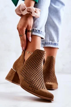 Sale Zamszowe Ażurowe Botki Lewski Shoes 3165 Camel Damskie Botki Wiosenne|Botki Na Słupku