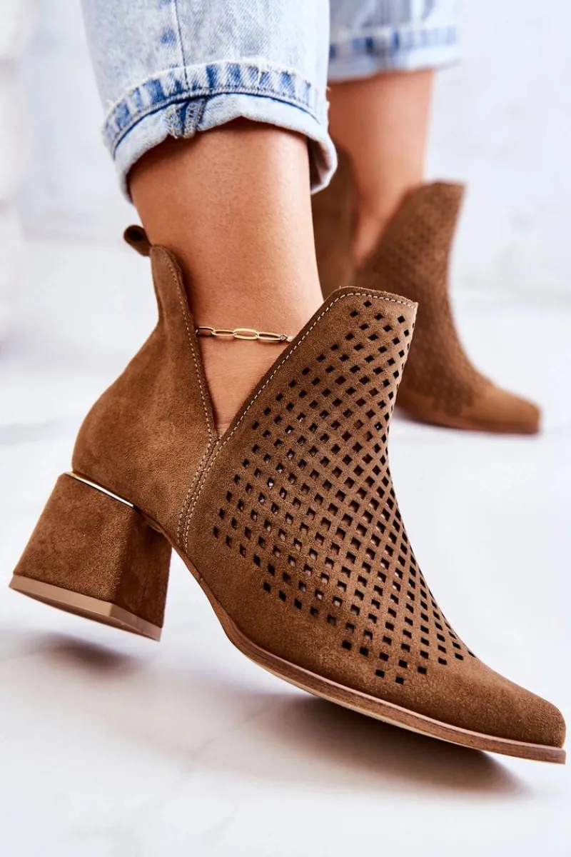 Sale Zamszowe Ażurowe Botki Lewski Shoes 3165 Camel Damskie Botki Wiosenne|Botki Na Słupku