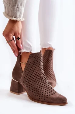 Botki Wiosenne|Botki Na Słupku>Boto Zamszowe Ażurowe Botki Lewski Shoes 3165 Brązowe