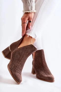 Botki Wiosenne|Botki Na Słupku>Boto Zamszowe Ażurowe Botki Lewski Shoes 3165 Brązowe