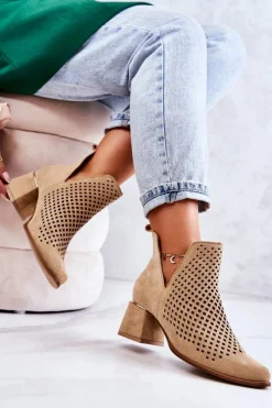 Discount Boto Zamszowe Ażurowe Botki Lewski Shoes 3165 Beżowe