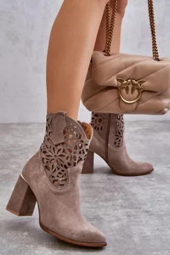 Discount Zamszowe Ażurowe Botki Lewski Shoes 3264 Jasnobrązowe Damskie Botki Wiosenne|Botki Skórzane