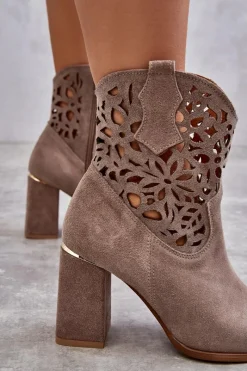 Discount Zamszowe Ażurowe Botki Lewski Shoes 3264 Jasnobrązowe Damskie Botki Wiosenne|Botki Skórzane