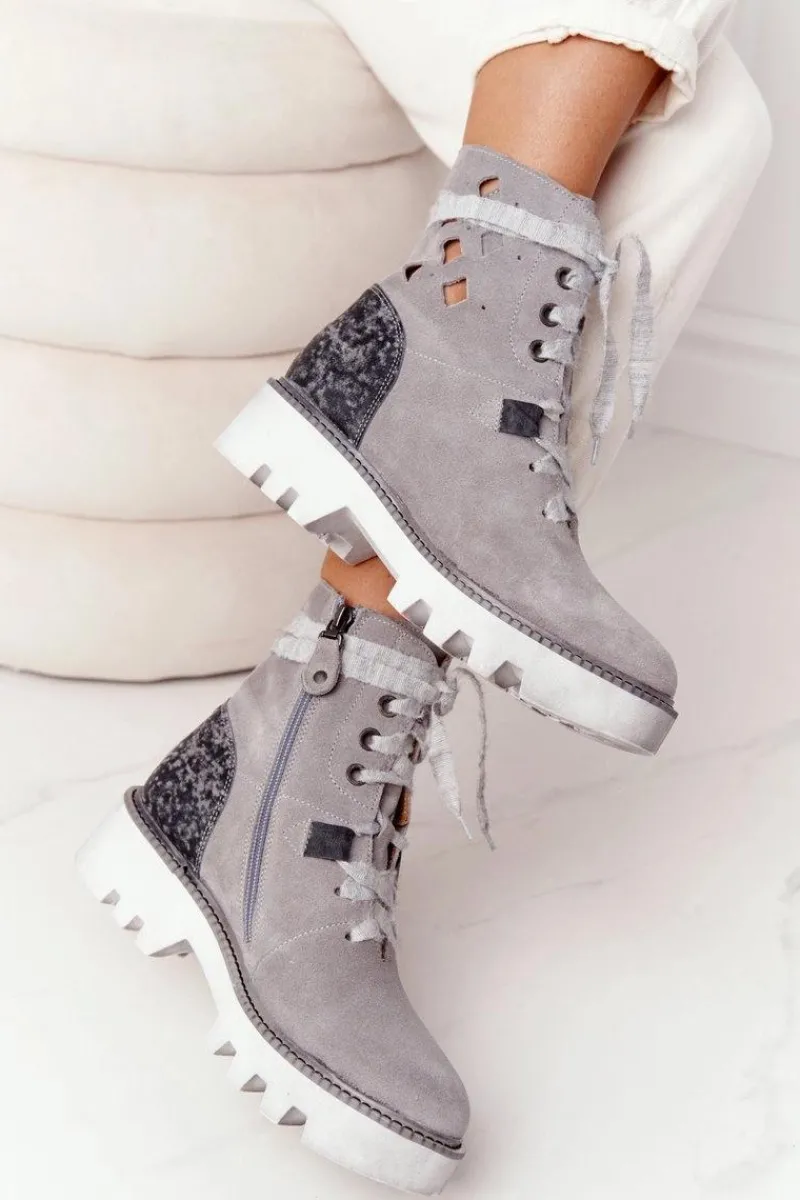 Outlet Zamszowe Ażurowe Botki Popielate 05033-03 Damskie Botki Wiosenne|Botki Maciejka