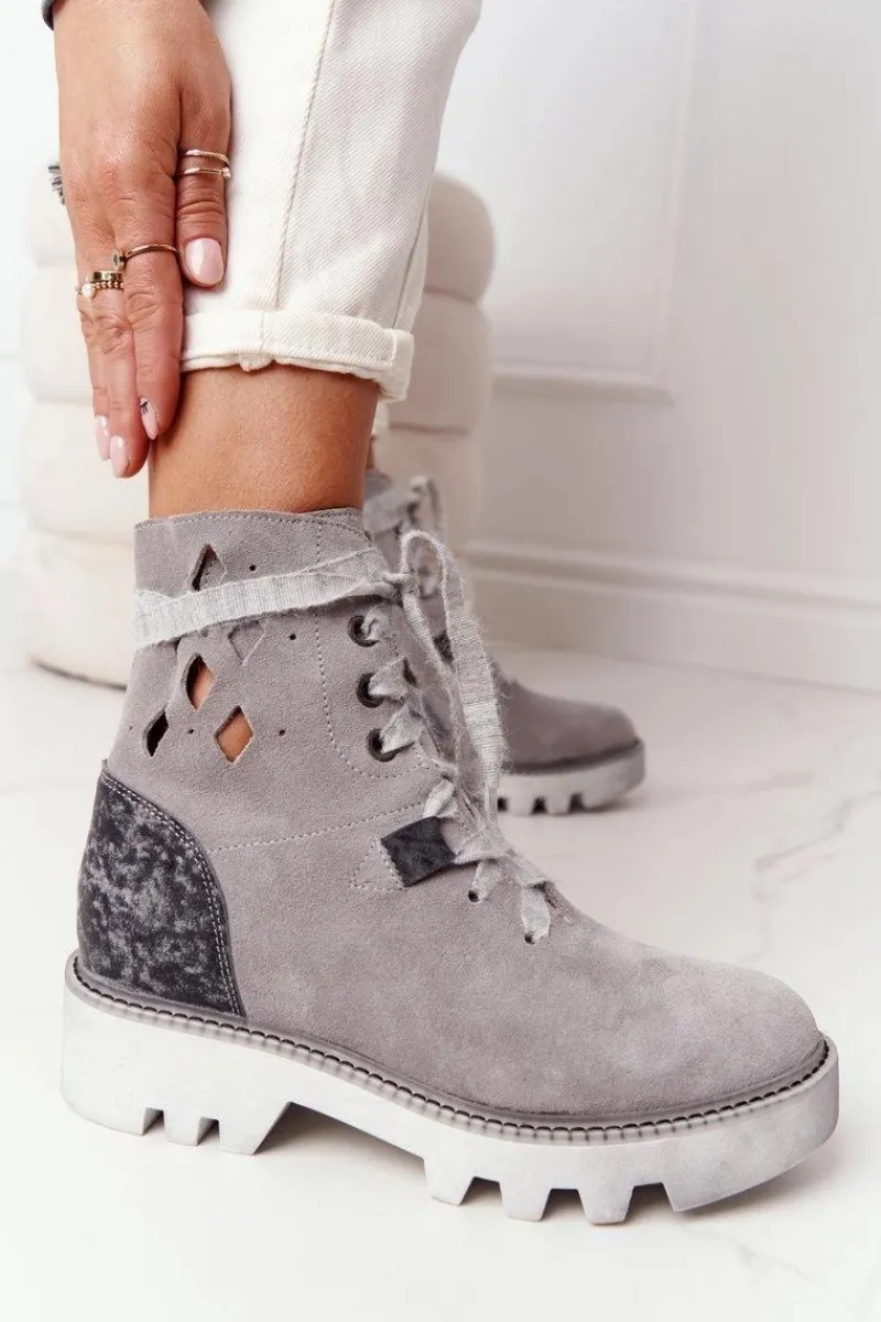 Outlet Zamszowe Ażurowe Botki Popielate 05033-03 Damskie Botki Wiosenne|Botki Maciejka
