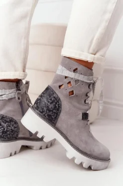 Outlet Zamszowe Ażurowe Botki Popielate 05033-03 Damskie Botki Wiosenne|Botki Maciejka