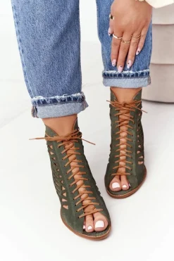 Zamszowe Ażurowe Botki Zielone 04040-09 Damskie Botki Wiosenne|Botki Maciejka