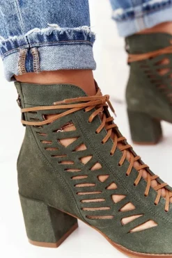 Zamszowe Ażurowe Botki Zielone 04040-09 Damskie Botki Wiosenne|Botki Maciejka