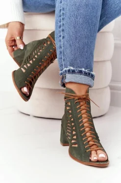 Zamszowe Ażurowe Botki Zielone 04040-09 Damskie Botki Wiosenne|Botki Maciejka