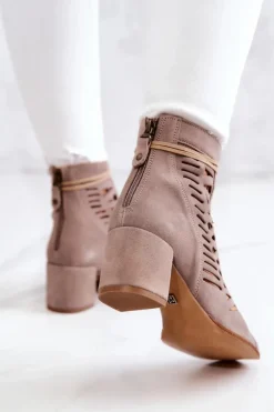 Sale Zamszowe Ażurowe Botki 05508-04 Beżowe Damskie Botki Wiosenne|Botki Maciejka