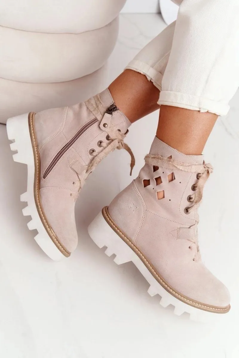 Sale Maciejka Zamszowe Ażurowe Botki Beżowe 05033-04