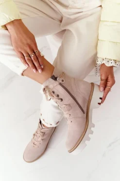 Sale Maciejka Zamszowe Ażurowe Botki Beżowe 05033-04