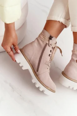 Sale Maciejka Zamszowe Ażurowe Botki Beżowe 05033-04