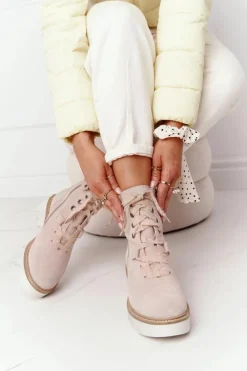 Sale Maciejka Zamszowe Ażurowe Botki Beżowe 05033-04