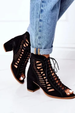 Zamszowe Ażurowe Botki 04040-01 Czarne Damskie Botki Wiosenne|Botki Maciejka
