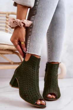 Hot Zamszowe Ażurowe Botki 05420-09 Zielone Damskie Botki Wiosenne|Botki Maciejka