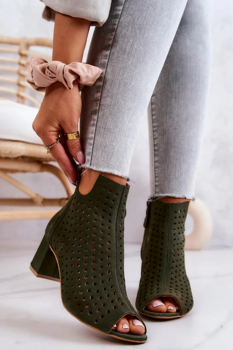 Hot Zamszowe Ażurowe Botki 05420-09 Zielone Damskie Botki Wiosenne|Botki Maciejka