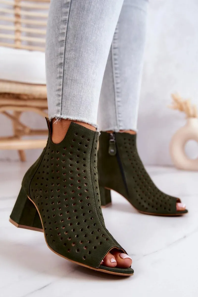 Hot Zamszowe Ażurowe Botki 05420-09 Zielone Damskie Botki Wiosenne|Botki Maciejka