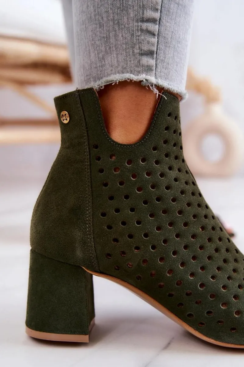 Hot Zamszowe Ażurowe Botki 05420-09 Zielone Damskie Botki Wiosenne|Botki Maciejka