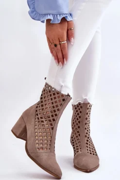Botki Wiosenne|Botki Na Słupku>Boto Zamszowe Ażurowe Botki Na Obcasie Nicole 2638 Cappuccino