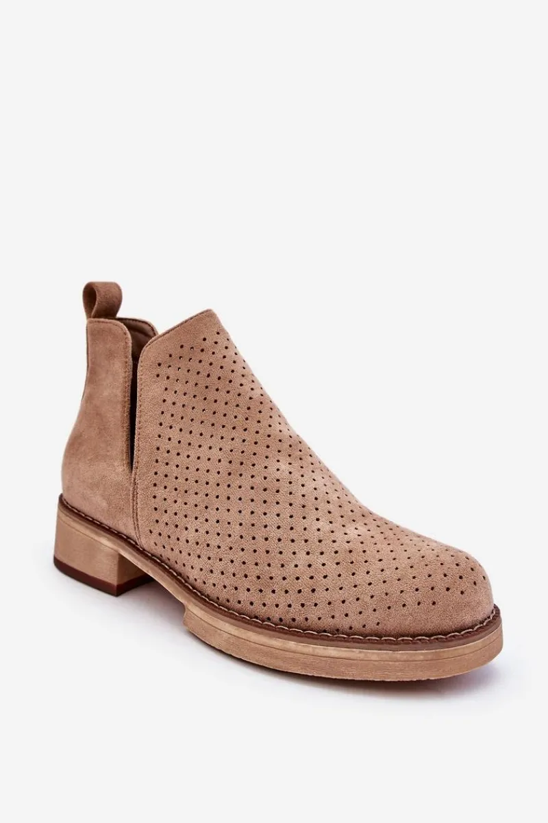 Outlet Zamszowe Ażurowe Botki Na Płaskim Obcasie Ciemnobeżowe Angie Damskie Botki Wiosenne|Botki Ażurowe