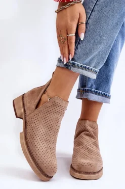 Outlet Zamszowe Ażurowe Botki Na Płaskim Obcasie Ciemnobeżowe Angie Damskie Botki Wiosenne|Botki Ażurowe