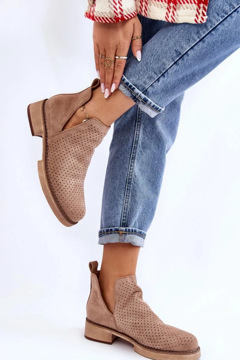 Outlet Zamszowe Ażurowe Botki Na Płaskim Obcasie Ciemnobeżowe Angie Damskie Botki Wiosenne|Botki Ażurowe