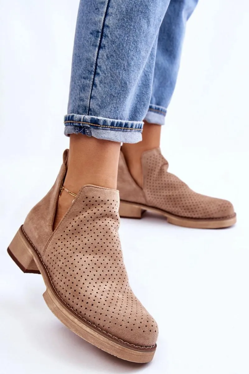 Outlet Zamszowe Ażurowe Botki Na Płaskim Obcasie Ciemnobeżowe Angie Damskie Botki Wiosenne|Botki Ażurowe