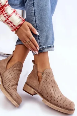 Outlet Zamszowe Ażurowe Botki Na Płaskim Obcasie Ciemnobeżowe Angie Damskie Botki Wiosenne|Botki Ażurowe