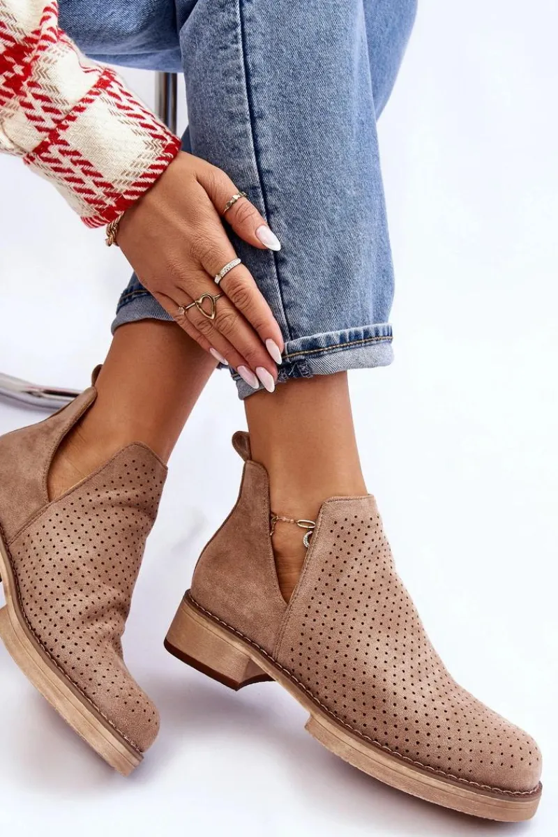 Outlet Zamszowe Ażurowe Botki Na Płaskim Obcasie Ciemnobeżowe Angie Damskie Botki Wiosenne|Botki Ażurowe