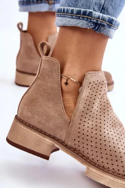 Outlet Zamszowe Ażurowe Botki Na Płaskim Obcasie Ciemnobeżowe Angie Damskie Botki Wiosenne|Botki Ażurowe