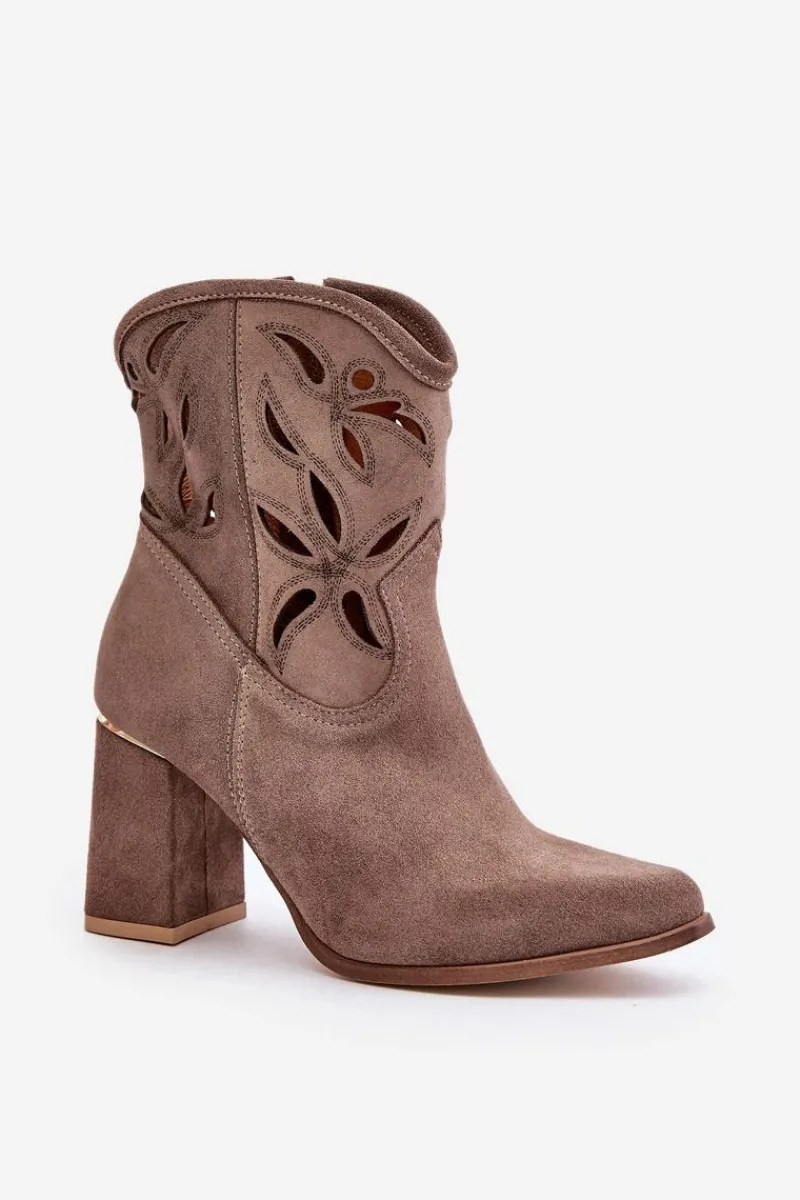 Botki Na Słupku|Botki Ażurowe>Boto Zamszowe Ażurowe Botki Na Słupku Lewski 3629 Ciemnobeżowe Beżowy