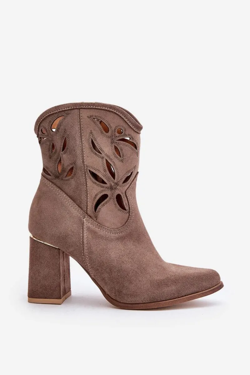 Botki Na Słupku|Botki Ażurowe>Boto Zamszowe Ażurowe Botki Na Słupku Lewski 3629 Ciemnobeżowe Beżowy