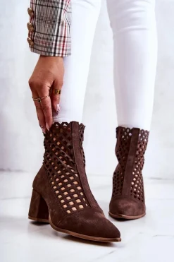 Boto Zamszowe Ażurowe Botki Na Obcasie Nicole 2638 Ciemnobrązowe