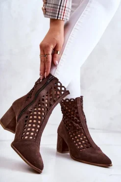 Boto Zamszowe Ażurowe Botki Na Obcasie Nicole 2638 Ciemnobrązowe