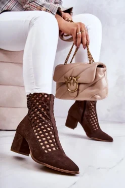 Boto Zamszowe Ażurowe Botki Na Obcasie Nicole 2638 Ciemnobrązowe