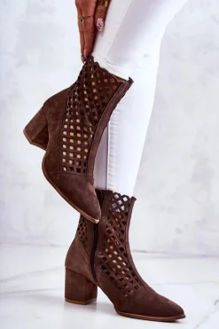 Boto Zamszowe Ażurowe Botki Na Obcasie Nicole 2638 Ciemnobrązowe