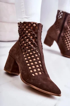 Boto Zamszowe Ażurowe Botki Na Obcasie Nicole 2638 Ciemnobrązowe