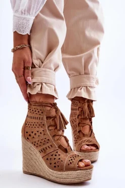 Clearance Zamszowe Ażurowe Botki Na Koturnie Camel Berthe Damskie Botki Wiosenne|Botki Na Koturnie