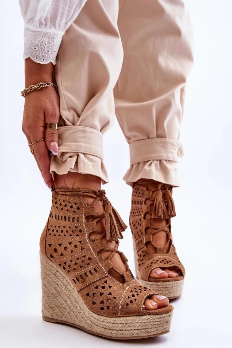 Clearance Zamszowe Ażurowe Botki Na Koturnie Camel Berthe Damskie Botki Wiosenne|Botki Na Koturnie