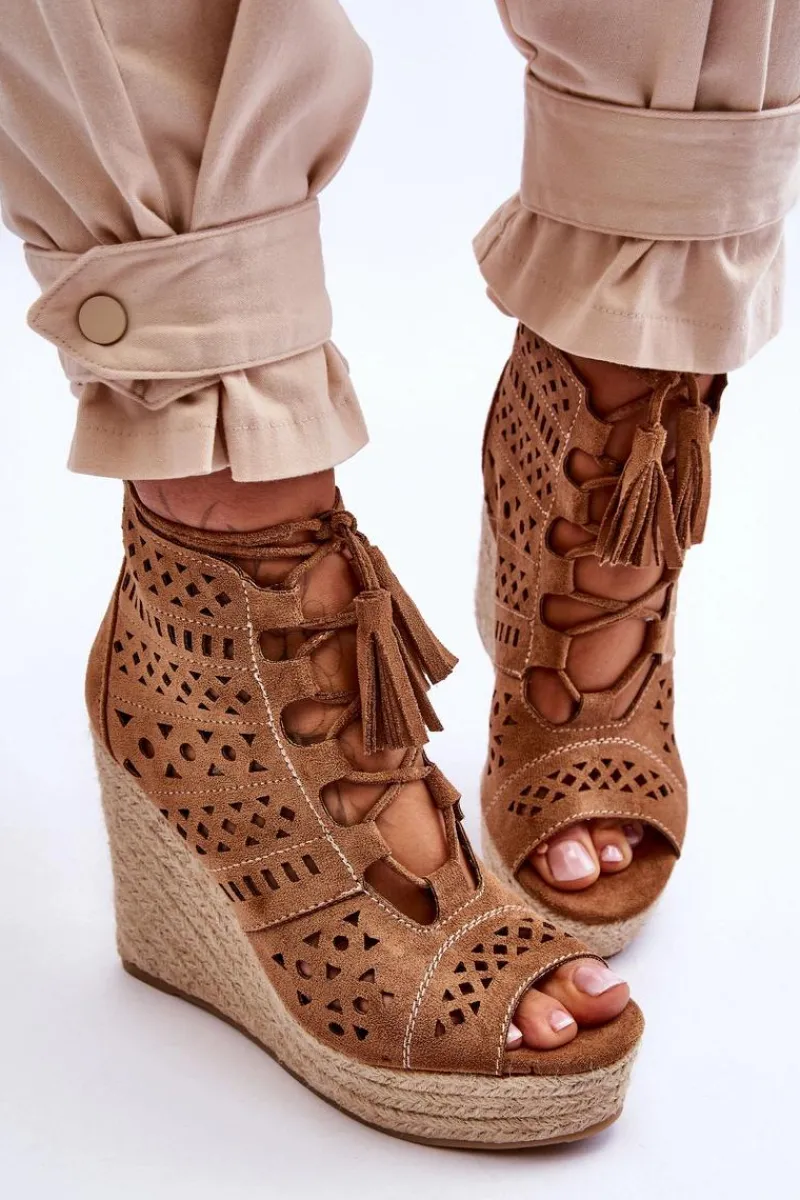 Clearance Zamszowe Ażurowe Botki Na Koturnie Camel Berthe Damskie Botki Wiosenne|Botki Na Koturnie