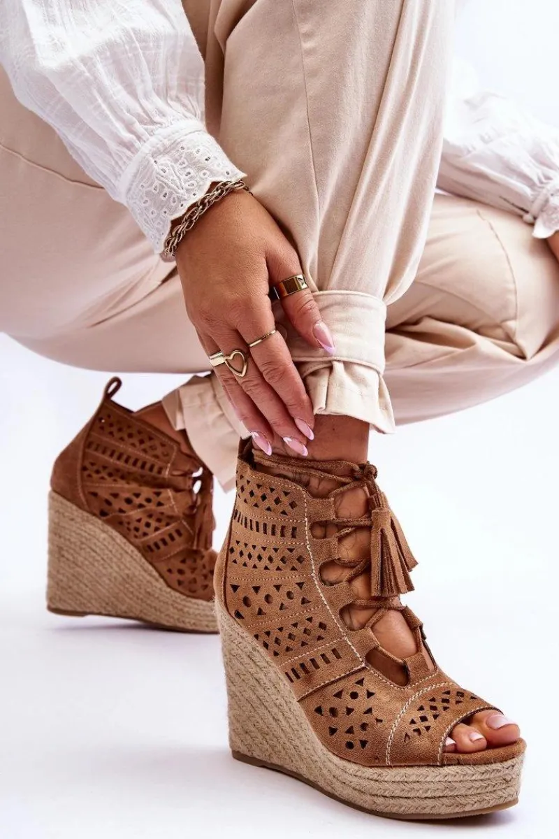 Clearance Zamszowe Ażurowe Botki Na Koturnie Camel Berthe Damskie Botki Wiosenne|Botki Na Koturnie