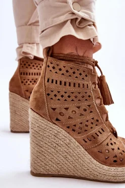 Clearance Zamszowe Ażurowe Botki Na Koturnie Camel Berthe Damskie Botki Wiosenne|Botki Na Koturnie