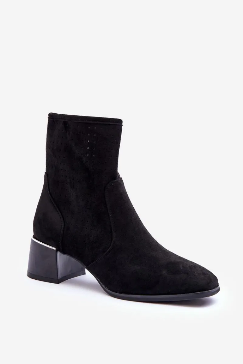 Online Zamszowe Ażurowe Botki Na Obcasie Czarne Perale Damskie Botki Wiosenne|Czarne Botki