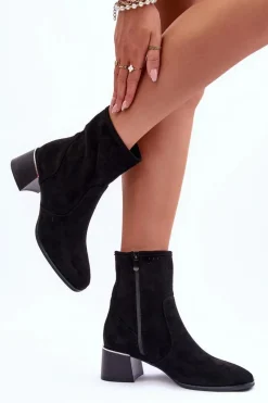 Online Zamszowe Ażurowe Botki Na Obcasie Czarne Perale Damskie Botki Wiosenne|Czarne Botki