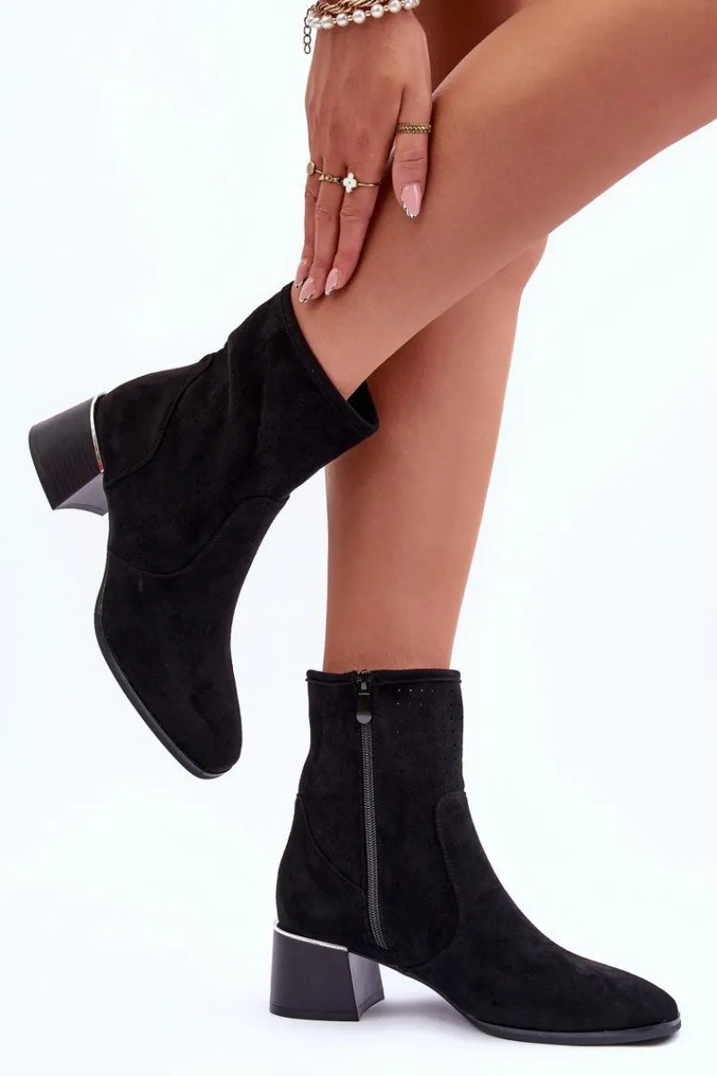 Online Zamszowe Ażurowe Botki Na Obcasie Czarne Perale Damskie Botki Wiosenne|Czarne Botki